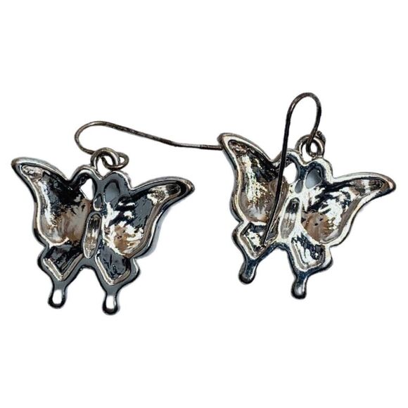 Green Butterfly Dangle Earrings 7/8" Silver Tone Fairycore Whimsical - Picture 5 of 9